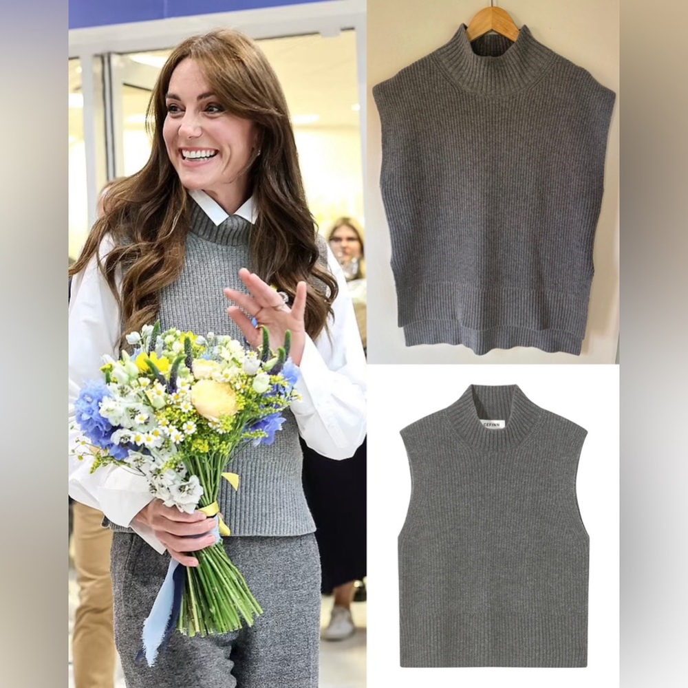 Cefinn 'Janie' Sleeveless Funnel Neck Jumper in MidGrey-ASO Kate Middleton Royal